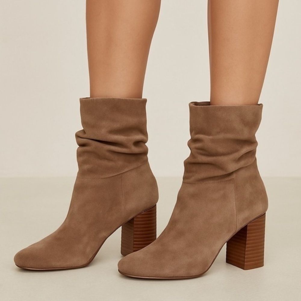 Mia Steffani Mid Calf Slouchy Suede Block Heel Boots in Tan